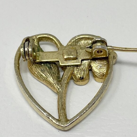Vintage Heart Flower Brooch‎ Metallic Gold Tone Aqua Green Rhinestone Pin 1" - Picture 3 of 10